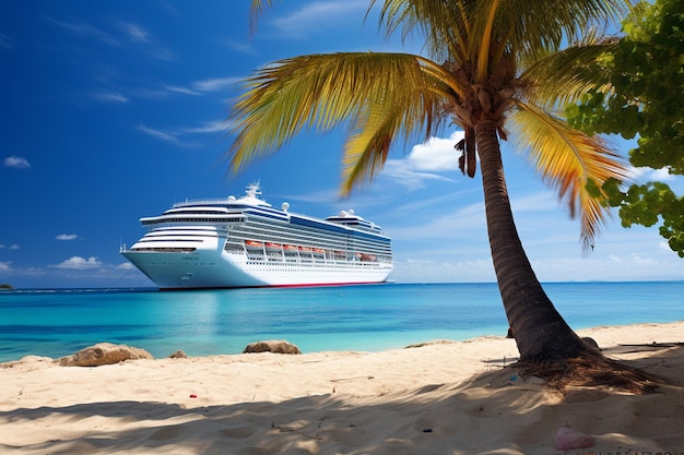 Photo cruise to caribbean with palm tree on coral beach