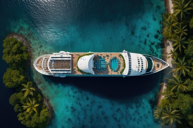 Cruise schip aangemeerd op een tropisch eiland resort Moderne en luxe cruiseschip AI