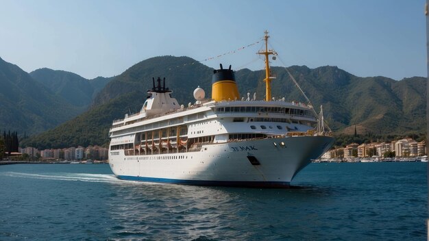 Cruise schip verankerd in een rustige blauwe baai