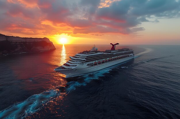 Cruise schip zeilt in de oceaan bij zonsondergang