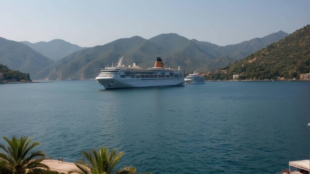 Cruise ship anchored in a calm blue bay