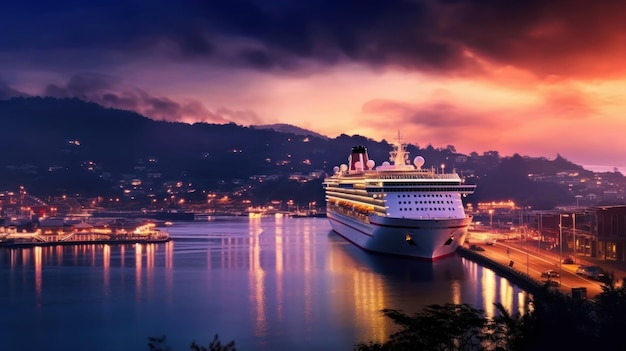 cruise ship in the bay at sunset