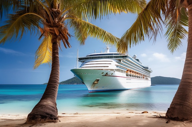 Photo a cruise ship on a beach with palm trees in the background.