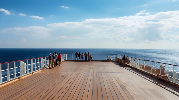 Photo cruise ship deck with passengers enjoying the panoramic views of the open sea