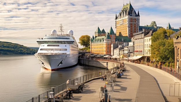 Photo a cruise ship docked at the historic port of quebec city with towering city walls generative ai