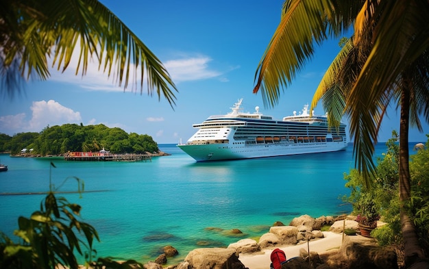 Foto una nave da crociera ormeggiata in un porto di un'isola tropicale