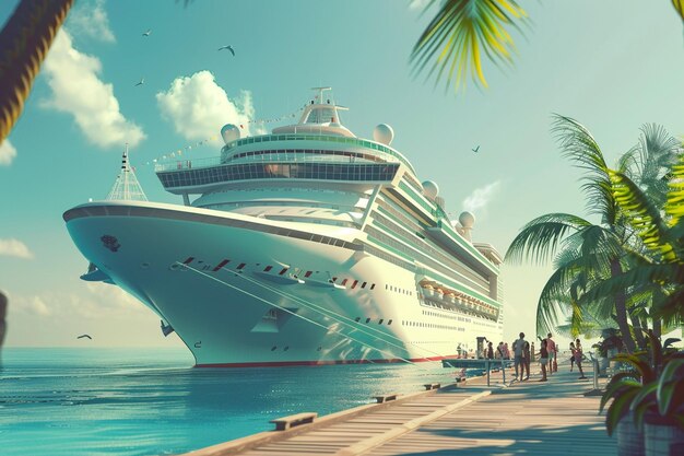 Cruise ship docked at a tropical port with passeng