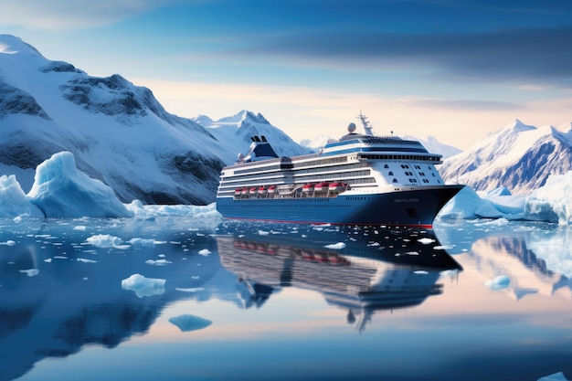 Photo a cruise ship gracefully traversing through icy waters while surrounded by towering icebergs cruise ship in majestic north seascape with ice glaciers in canada ai generated