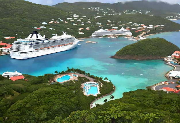 a cruise ship is docked in a bay with a blue pool and a large house on the left