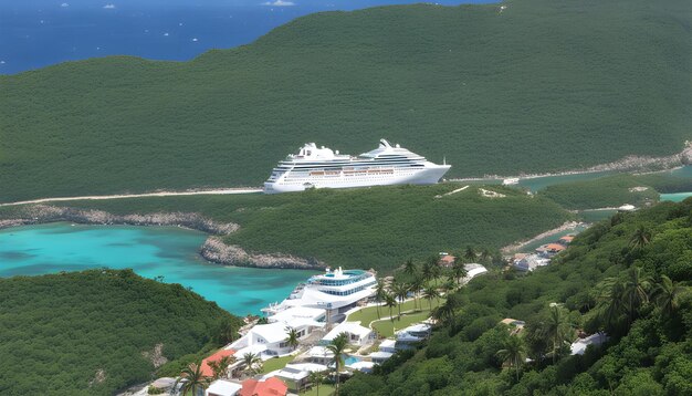 Photo a cruise ship is docked in a bay with a mountain in the background