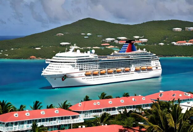 Photo a cruise ship is docked in a bay with a red roof