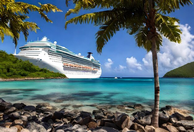 a cruise ship is docked on the beach and is surrounded by rocks and palm trees