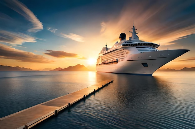 Photo a cruise ship is docked at a dock at sunset.