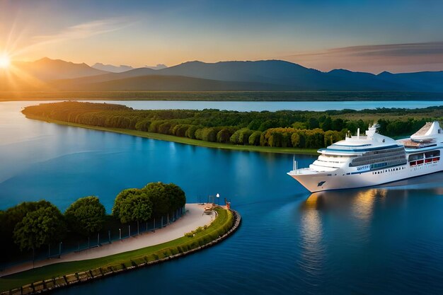 Photo a cruise ship is docked at a dock.