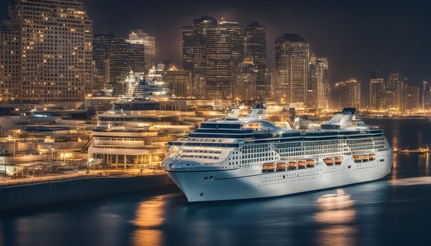 Photo a cruise ship is docked in front of a city skyline