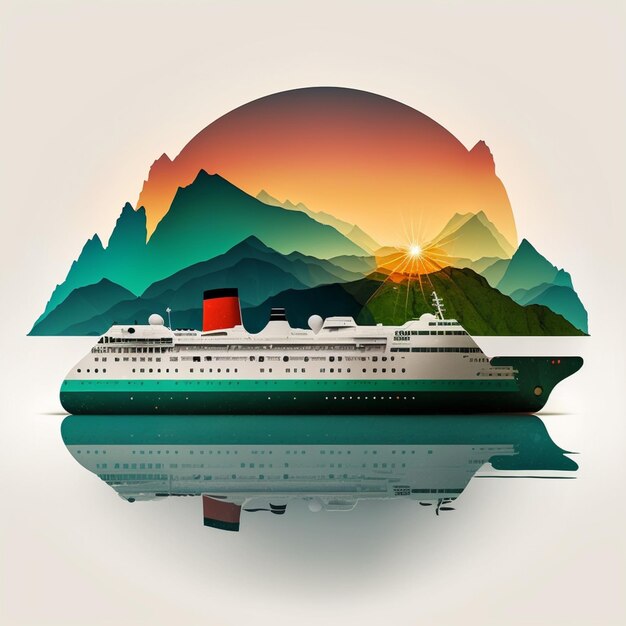 A cruise ship is docked in front of mountains and the sun is setting.