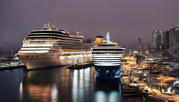 Photo a cruise ship is docked at a harbor with a cruise ship in the background