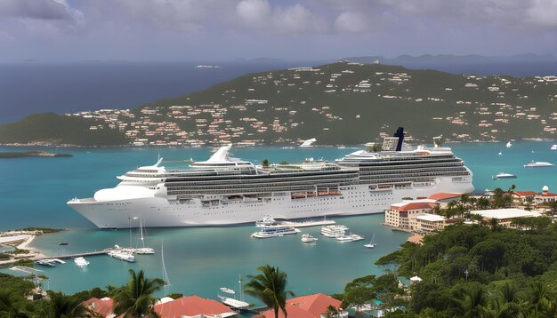 A cruise ship is docked in a harbor with a mountain in the background