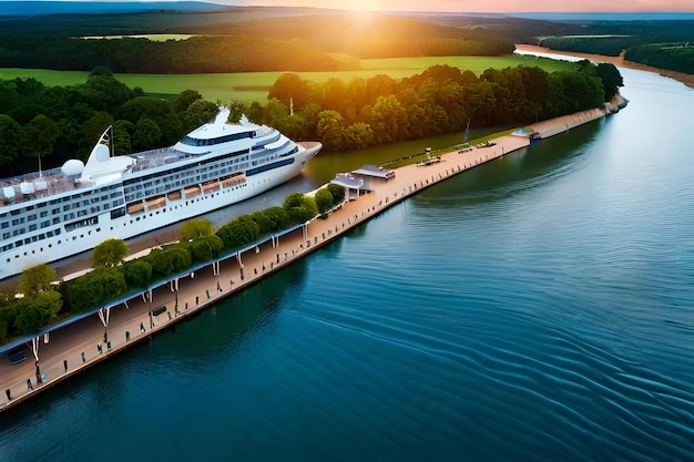 Photo a cruise ship is docked in a harbor.