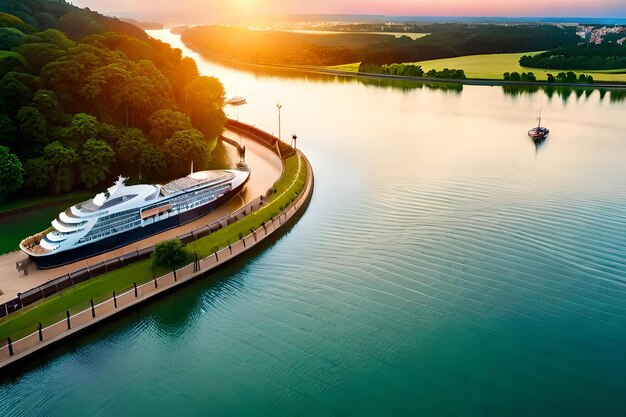 Photo a cruise ship is docked on a lake in the evening.