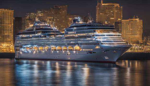 Photo a cruise ship is docked at night with a city in the background