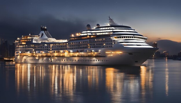 a cruise ship is docked at night