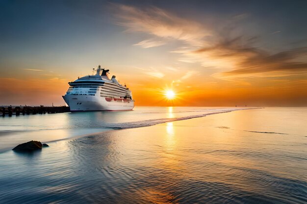 a cruise ship is docked in the ocean at sunset