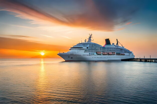 a cruise ship is docked in the ocean at sunset