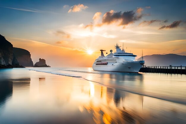 a cruise ship is docked in the ocean at sunset