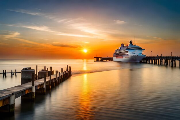 Photo a cruise ship is docked at a pier with the sun setting behind it