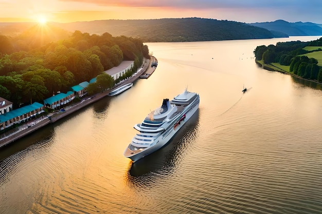 A cruise ship is docked in a river with trees in the background.