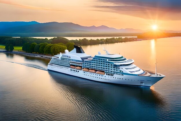 A cruise ship is docked at sunset.