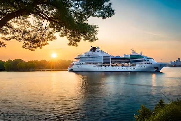 A cruise ship is docked in the sunset