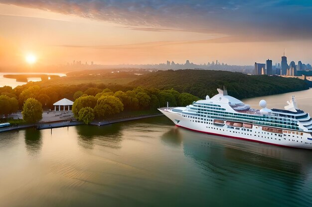 Photo a cruise ship is docked at sunset.