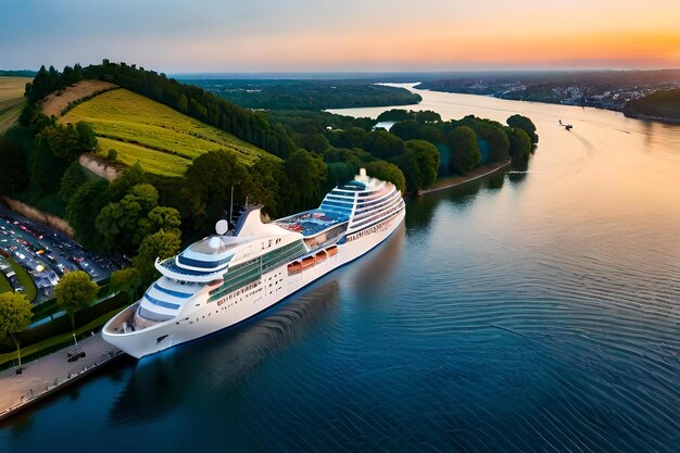 Photo a cruise ship is docked at sunset.