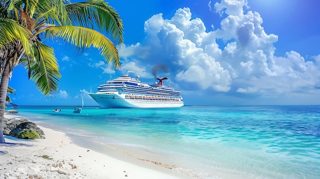 a cruise ship is docked on a tropical beach