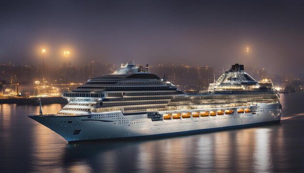 Photo a cruise ship is docked in the water at night