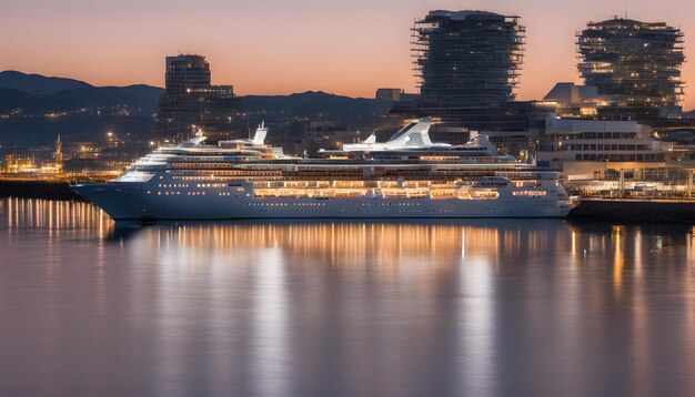 Photo a cruise ship is docked in the water at sunset