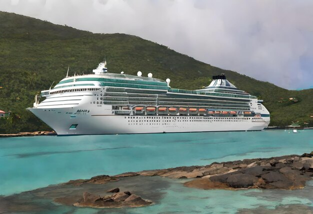 a cruise ship is docked in the water with a green mountain in the background