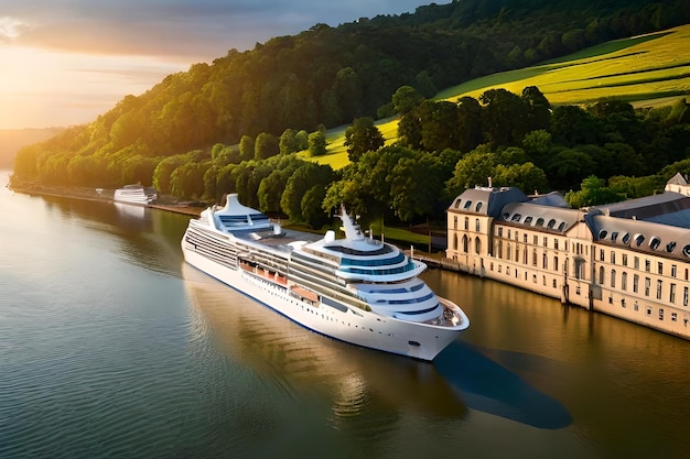 Photo a cruise ship is docked in the water.