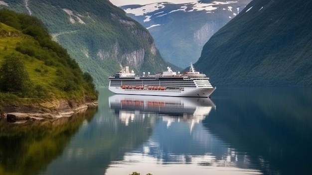 A cruise ship is sailing in a fjord.