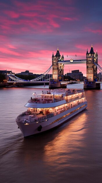 Photo a cruise ship is sailing in front of a bridge with a pink sunset in the background