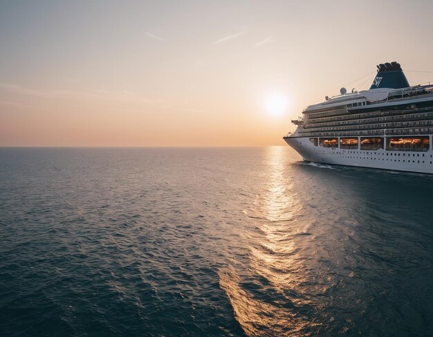 Foto una nave da crociera sta navigando sull'oceano al tramonto