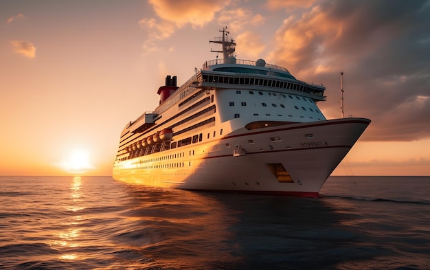 A cruise ship is sailing in the ocean at sunset.