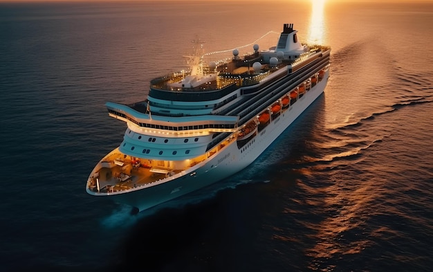 A cruise ship is sailing on the ocean at sunset.