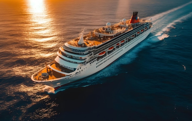 A cruise ship is sailing in the ocean at sunset.