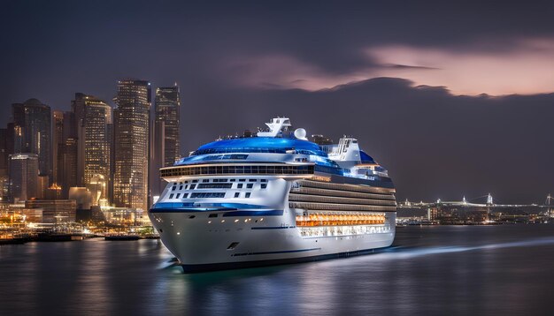 Photo a cruise ship is sailing in the water with a city in the background