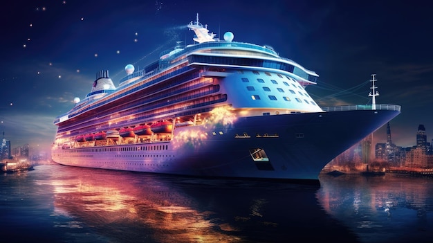 Photo cruise ship at night time blue lighting ship at sea sailing in the water travelling with people on a cruise