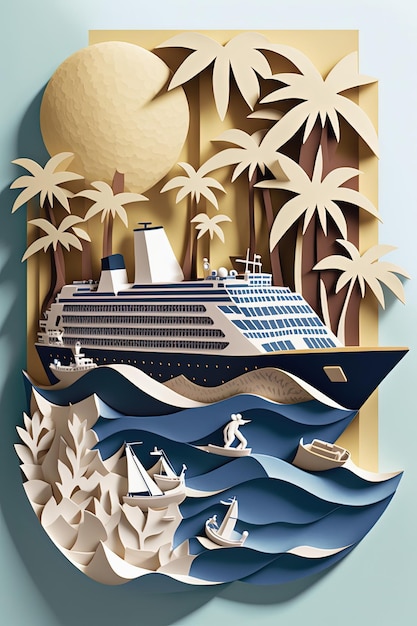 Cruise ship poster in papercut style Generative AI