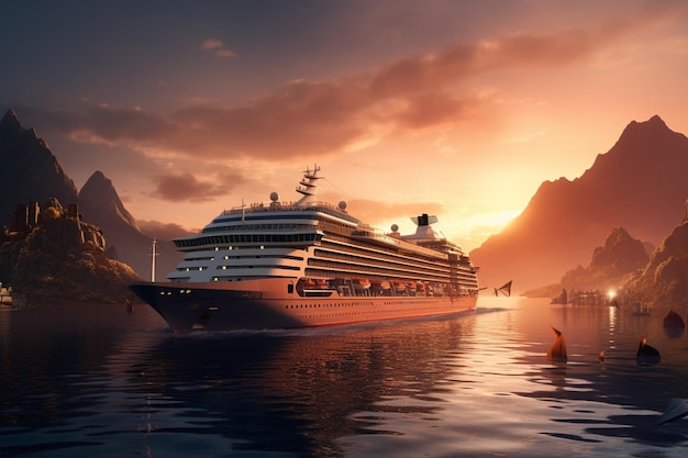 Cruise ship sailing into a picturesque harbor at s 00235 03